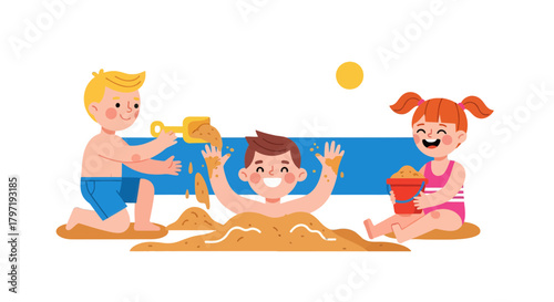 Joyful Kids Playing At The Beach, Enjoying Sand And A Sunny Summer Day