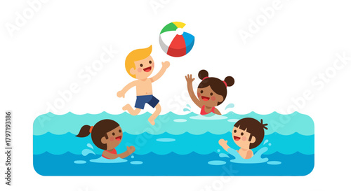 Joyful Kids Playing Beach Ball at The Poolside with Cartoon Illustration