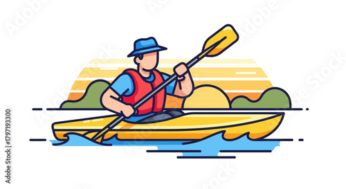 Kayaker Paddling Across Water at Sunset Illustration Perfect for Outdoor Adventures
