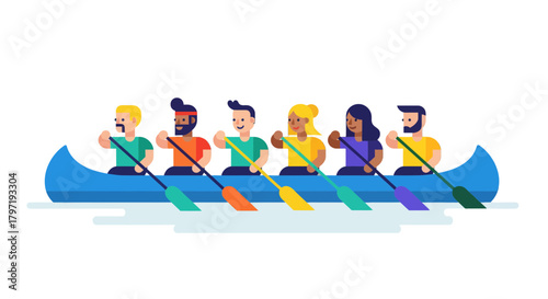 Kayak Team Illustration: Animated Athletes Paddling On The Water For Recreation And Sport
