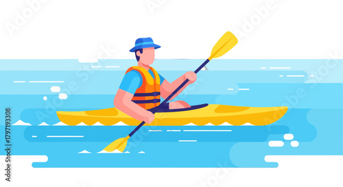 Kayaker Paddling on Water with Artistic Design and Bright Colors in Nature Scene