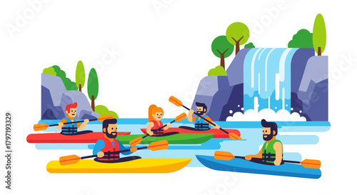 Kayakers Adventuring Near A Scenic Waterfall On A Sunny Day Under Clear Skies