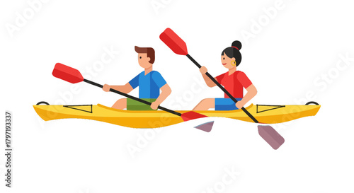 Kayaking Adventure: A Pair Rowing On A Yellow Kayak At Black Background