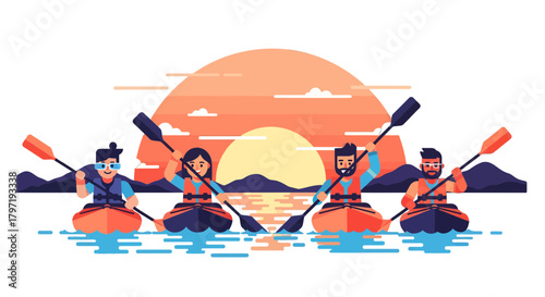 Kayakers Adventuring On The Water During Sunset With Their Kayaks Paddle and Life-Jackets