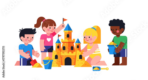 Kids Creating A Detailed Sandcastle On The Beach With Bright Colors And Cheerfulness