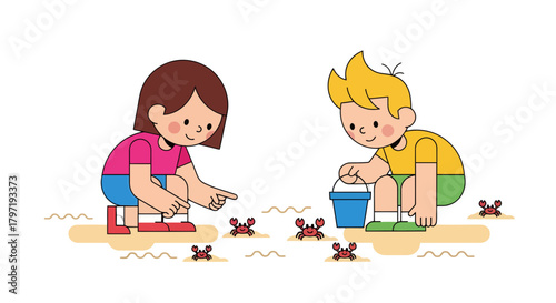 Kids Discover Crustaceans On The Coast Playing With Beach Buckets and Sea Animals