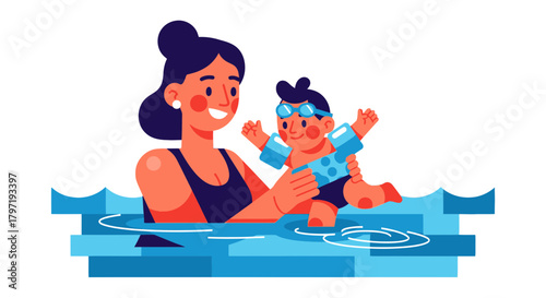 Joyful Mother Teaching Young Child Swimming, Enjoying the Summer Recreation