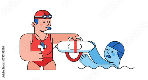 Lifeguard Extends Floatation Device To Drowning Swimmer On Black Background