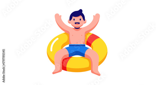 Joyful Person Floating On Water With A Ring In Summer Vacation, Enjoyment And Delight