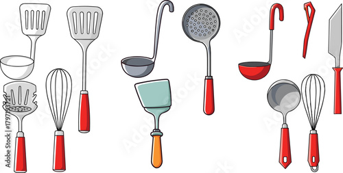 Collection of red handle kitchen utensils illustration including spatulas, ladles, whisks, knives, and cooking tools for culinary kitchen design artwork