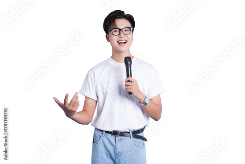 Quadro su tela The Orator's Enthusiasm: A confident individual stands ready to address an audience, gripping a microphone and exuding an air of poise and enthusiasm