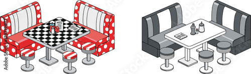 Retro isometric diner booth illustration with polka dot seating, checkered table, classic stools, grayscale variant interior, vintage restaurant decor