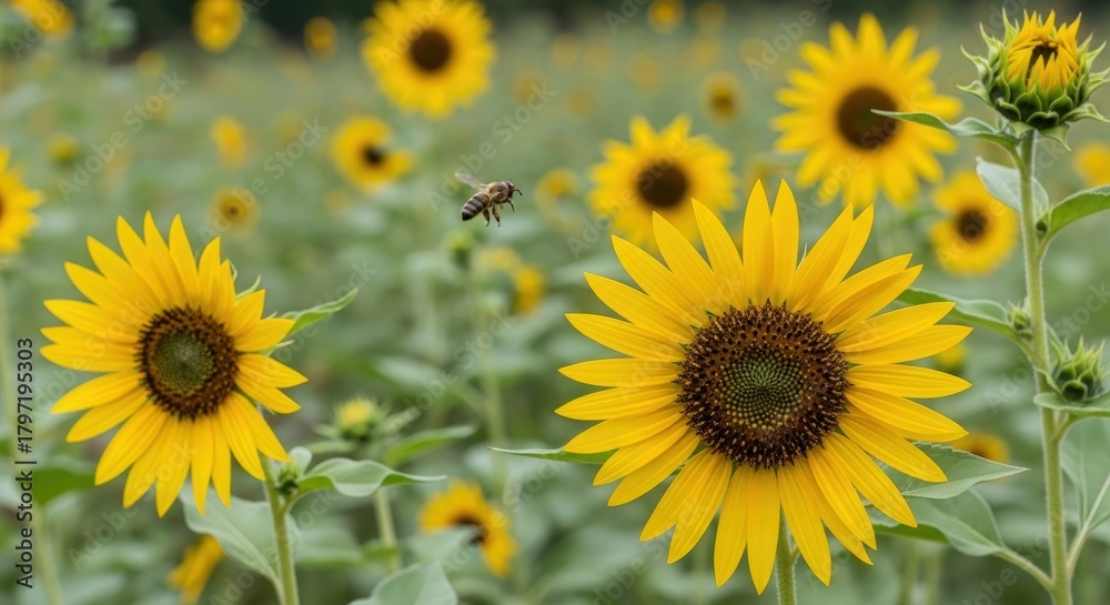 Naklejka premium A vibrant field of bright yellow sunflowers with a bee flying between them under natural light.