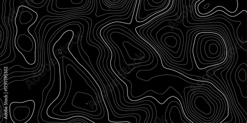 The grey white on black contours vector topography stylized height of the lines.  geographic mountain line map, 