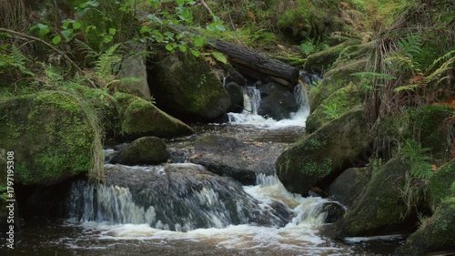 Cascading water running through a rocky ravine during autumn at Wyming Brook Nature Reserve in the Derbyshire, Peak District National Park.