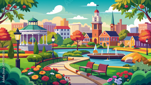 Very beautiful view of Prescott Park in Portsmouth, New Hampshire, USA, featuring colorful gardens, waterfront scenery along the Piscataqua River, historic architecture, and a serene urban park atmosp
