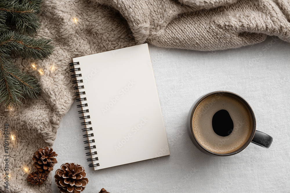 Fototapeta premium Holiday-Themed Desk Flat-Lay with Notebook and Coffee Cup