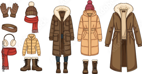 “Winter clothing collection with coats boots gloves scarves hats and earmuffs in flat vector style, perfect for fashion design cad drawing”