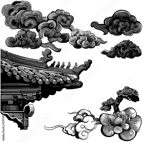 Traditional Asian art elements vector set: intricate temple roof, stylized clouds, bonsai tree, and lotus flower in black and white engraving style.