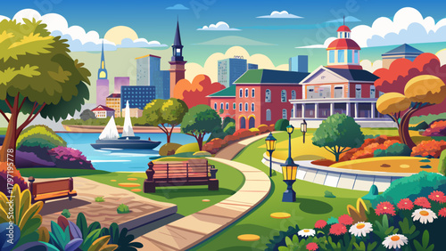 Very beautiful view of Prescott Park in Portsmouth, New Hampshire, USA, featuring colorful gardens, waterfront scenery along the Piscataqua River, historic architecture, and a serene urban park atmosp
