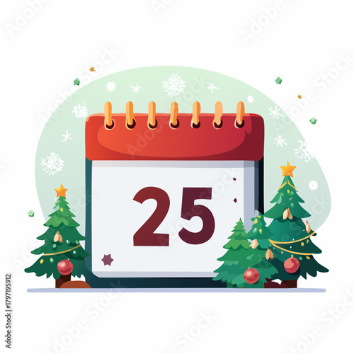 Christmas Day Calendar Illustration Featuring Christmas Trees and Snowflakes for Festive Season Celebrations