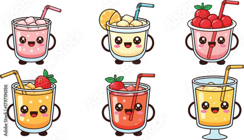 “Cute kawaii drink characters with fruit toppings, colorful juices, happy cartoon glasses and adorable beverages in playful vector illustration set design”