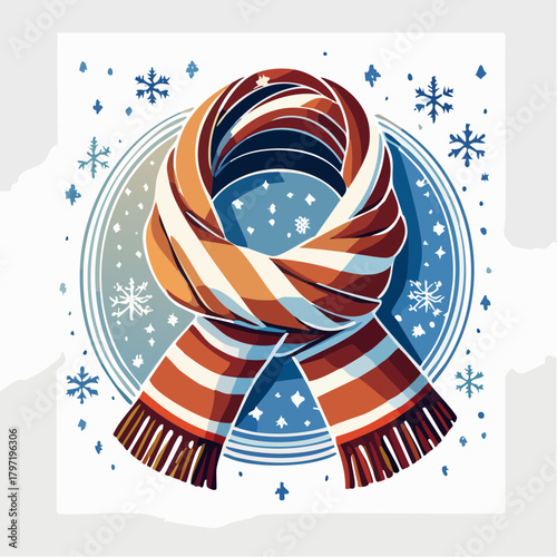 A cozy and warm striped winter scarf illustration, elegantly coiled against a backdrop of falling snowflakes, perfect for seasonal designs