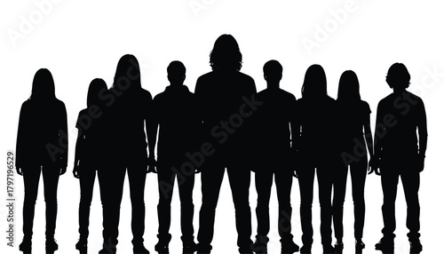 Youth and Community Silhouette: Crowd of Young Adults Standing with Strong Posture. 