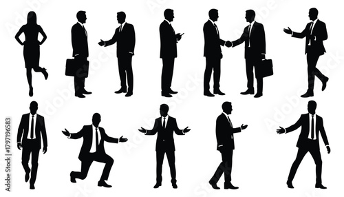 Business People Action Silhouettes: Set of Professionals Shaking Hands and Walking 