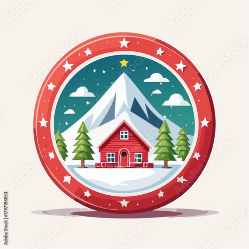 Illustrated winter wonderland badge featuring a charming red house nestled among snowy mountains and fir trees under a starry sky