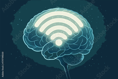 A glowing, intricate brain morphing into a radiant Wi-Fi symbol against a fading, ethereal human silhouette, representing connection and abstract thought.