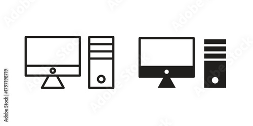 Desktop computer icon doodle set. editable outline stroke vector eps