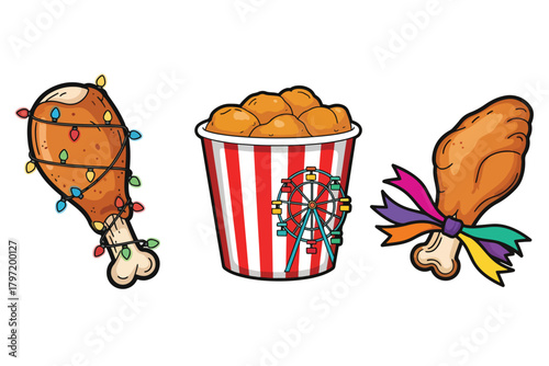 Celebratory fried chicken illustration with festive adornments isolated on transparent background, Vector