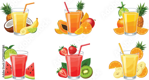 Refreshing tropical fruit juice collection with strawberry, banana, orange, kiwi, coconut, papaya and pineapple drinks in vibrant vector illustration