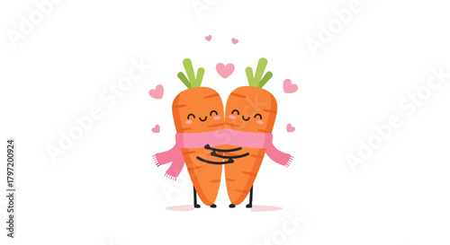 Pair Of Cute Carrots In Love Hugging With Pink Scarf And Hearts Floating Around