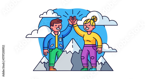 Pair Achieving Success Reaching Peak Together Celebrating Triumph With High Five Gesture