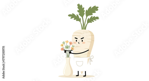 Parsnip Character Is Arranging Flowers in a Vase, Depicted on a Black Background.