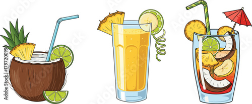 Refreshing tropical fruit cocktails with coconut pineapple lime slices and mixed fruit in colorful summer drink glass vector illustration on white