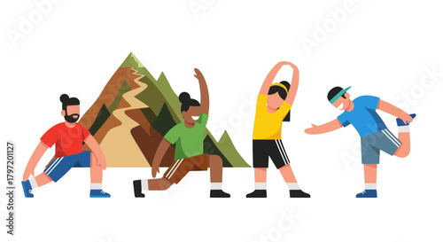 People Doing Exercise and Stretching Near Mountain Trail For Outdoor Activities