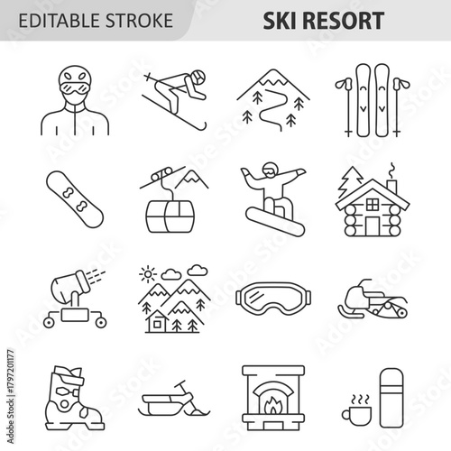 Ski resort line icons vector set. Outdoor recreation, extreme sport, and mountain vacation concept with skier, snowboarder, ski lift, skis, snowmobile, snow cannon, snowboard. Editable stroke.