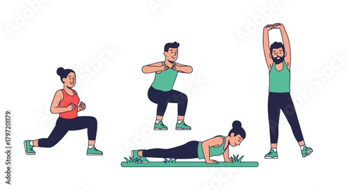 People Doing Workout Exercises for Fitness and Healthy Lifestyle on Black Background