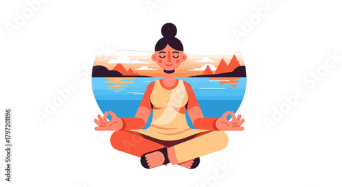Meditative Persona Practicing Mindfulness in Front Of Picturesque Lake Scenery Illustration