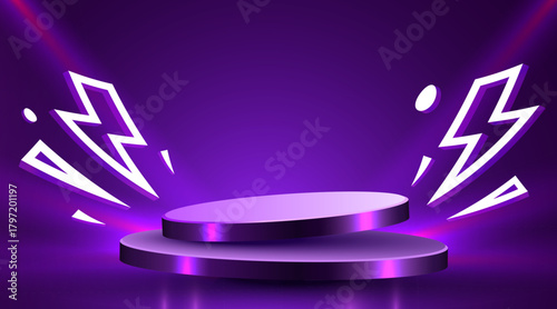 Flash Sale or mega sale banner. Colorful discount sale podium banner, neon pedestal. Vector illustration