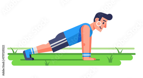 Minimalist Illustration Of A Man Performing Push-Ups On Green Surface For Fitness