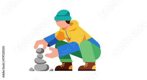 Minimalist Illustration of A Person Building A Stone Tower on A Black Backdrop