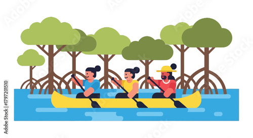 People Enjoying Paddling Through the Mangrove Trees Using a Canoe on a Clear Day