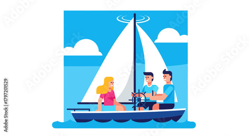 People Enjoying Sailing Trip On A Sunny Day With Blue Ocean Vector Illustration