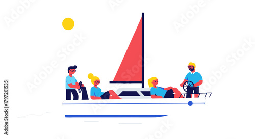 People Enjoying Sailing Trip At Night Under A Yellow Sun With Nautical Theme