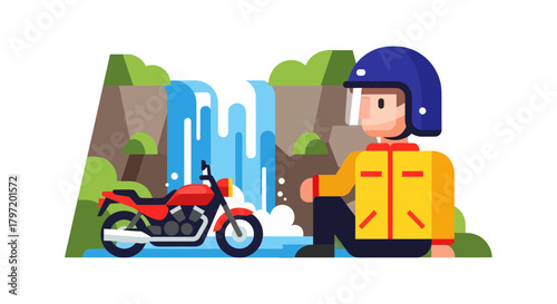 Motorcycle Rider Beside Waterfall In Nature: A Scenic Adventure Awaits the Biker