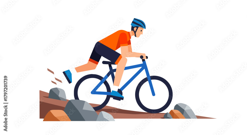 Fototapeta premium Mountain Biker Energetically Cycling Through Rocky Terrain In Active Motion Vector